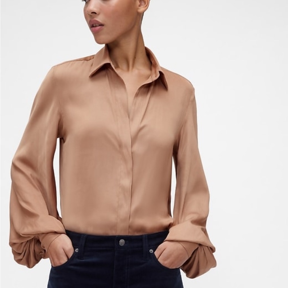 GAP Satin Button-Down Blouse in Camel